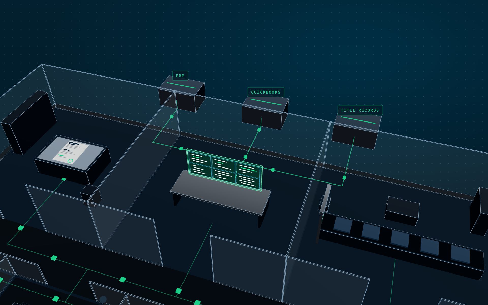 Bay 02, Development: code panels assembled into one system on the bench, with green data lines running to blocks labelled ERP, QuickBooks and Title records.