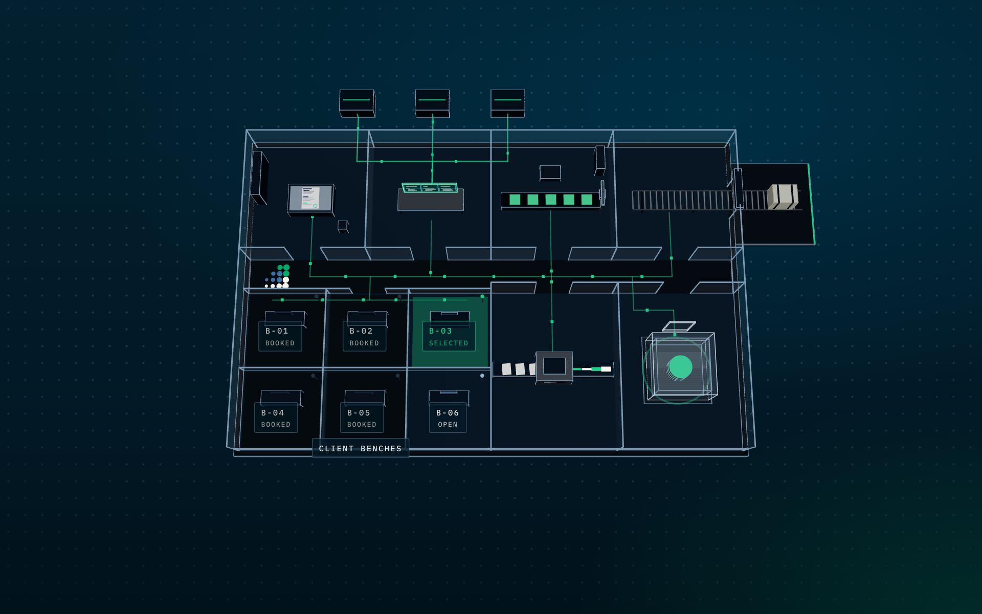 Top-down floor plan of the lab. Of the six client bays, booked bays are dimmed and the open bay for the selected tier is lit green.