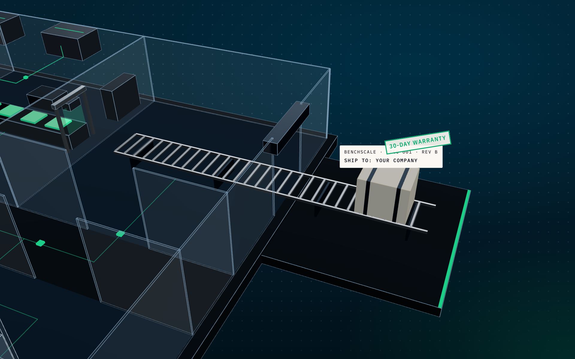 Bay 04, Shipping: a sealed crate addressed to the client rolls out through the dock door, stamped 30-day warranty.