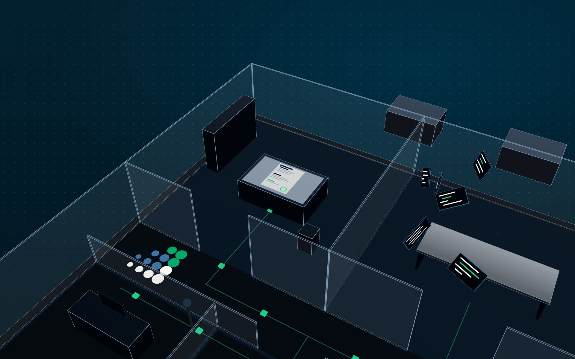 Bay 01, Intake: a spec sheet lies on a lit table, filled in with requirements, test cases and a green estimate line.