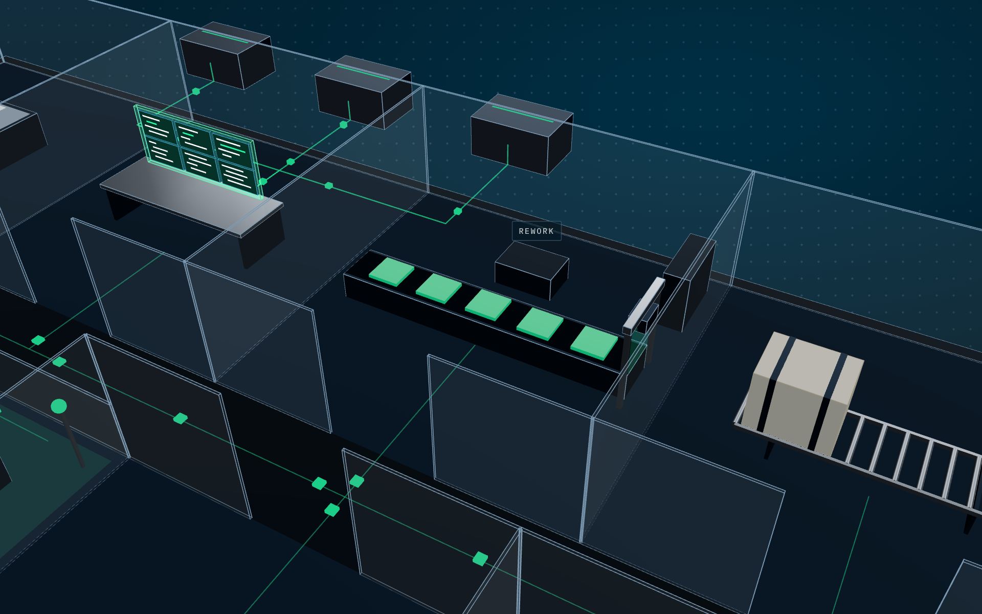 Bay 03, Quality control: a scanner gantry over a conveyor of outputs, all marked green after one failed output was pulled, fixed and returned.