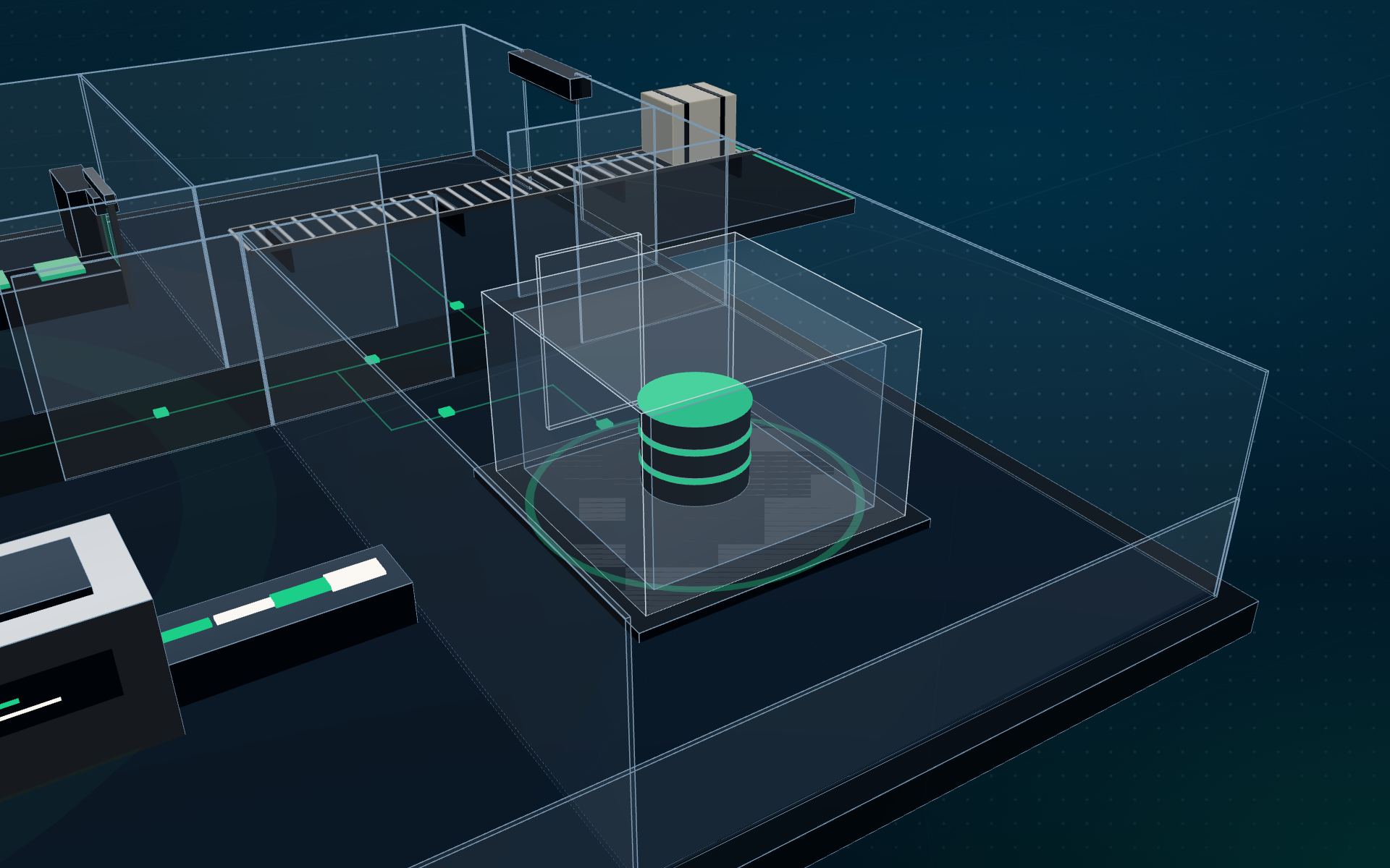 The clean room: a sealed double-glass chamber around a stack of client data platters, ringed in green.
